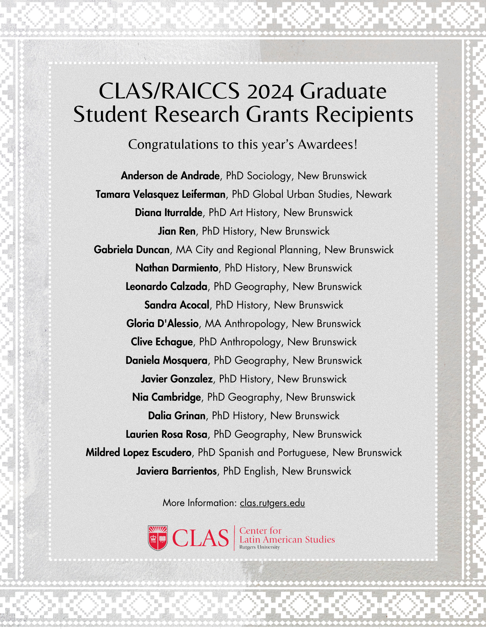CLASRAICCS 2024 Graduate Student Research Grants Recipients